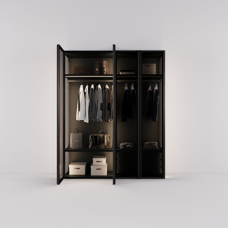 Kledingkast Antares in zwart staal met design glas | 205 cm breed