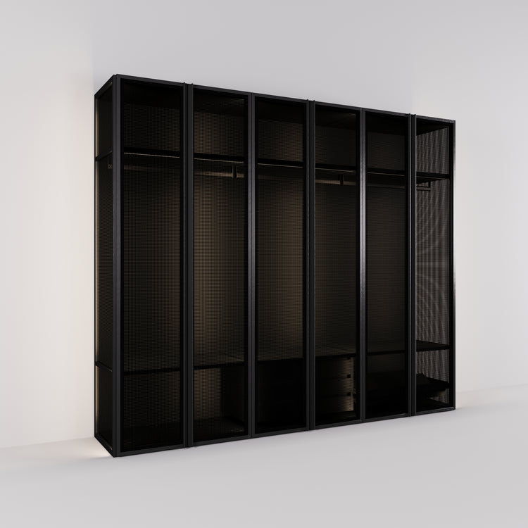 Kledingkast Antares in zwart staal met design glas | 303 cm breed