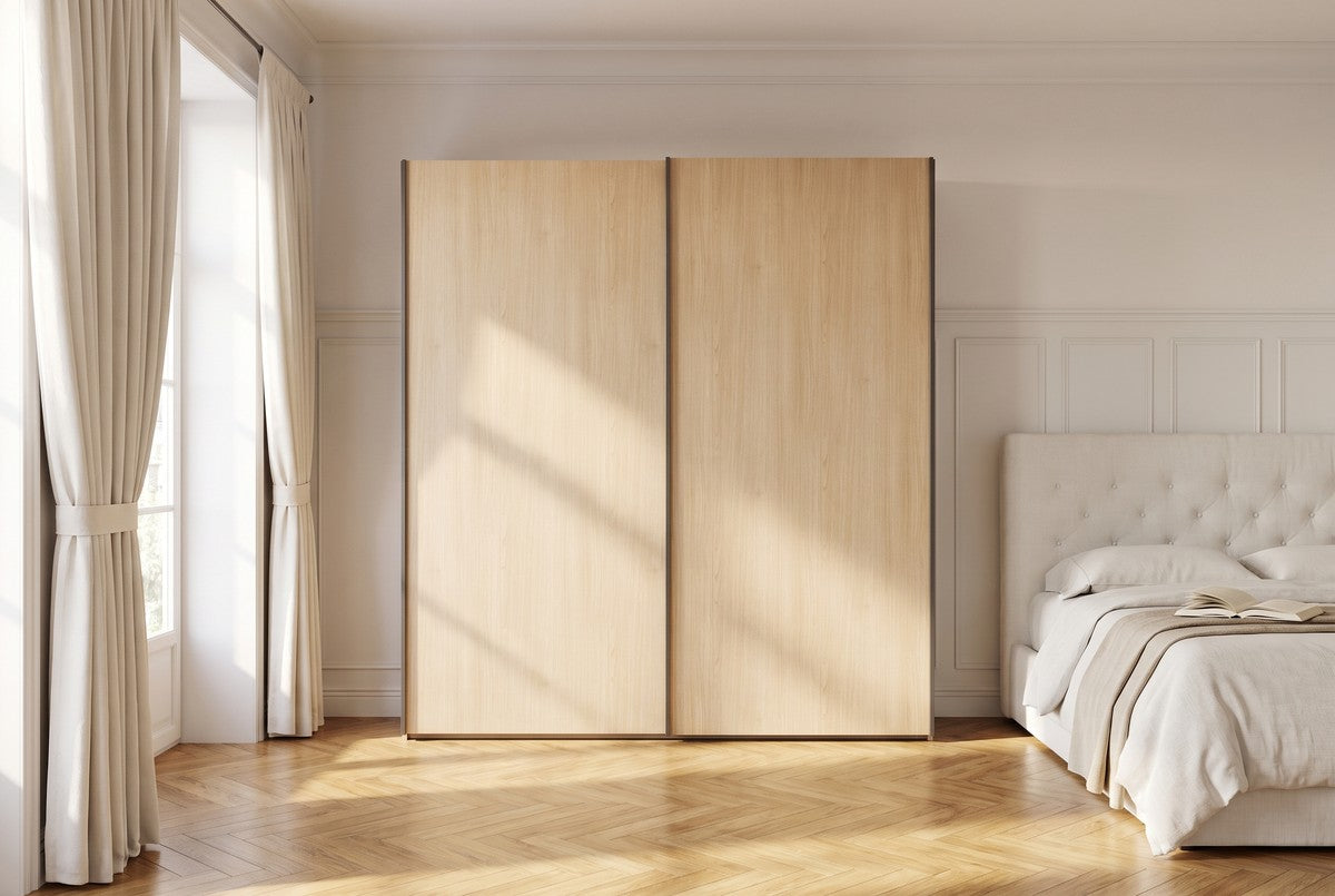 BORA-schuifdeurkast in Melamine · Rovere Miele in een lichte slaapkamer (AI-sfeerbeeld)