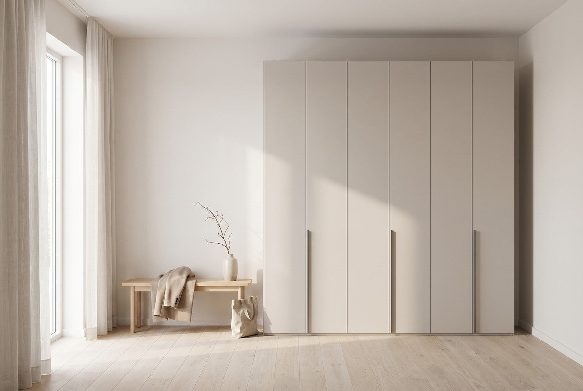 Libeccio-kledingkast in Melamine · Perla in een lichte hal (AI-sfeerbeeld)