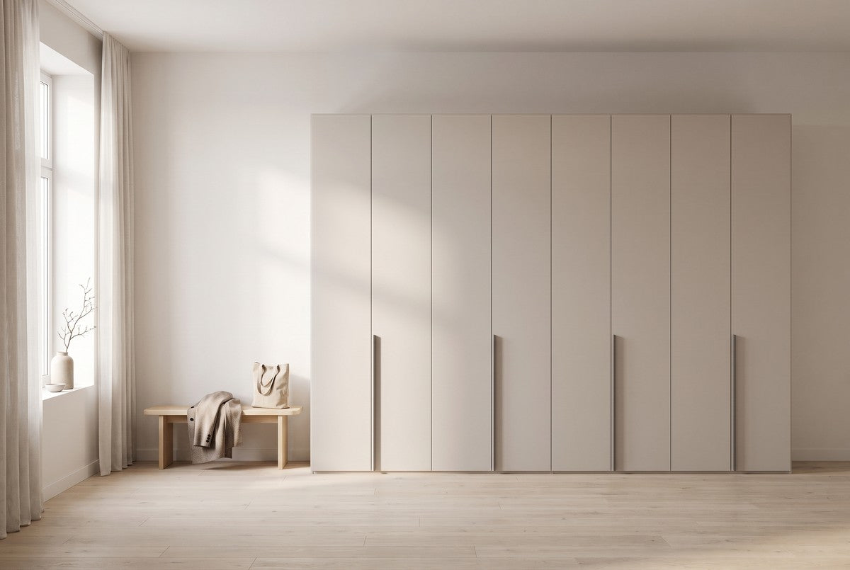 Libeccio-kledingkast in Melamine · Perla in een lichte hal (AI-sfeerbeeld)