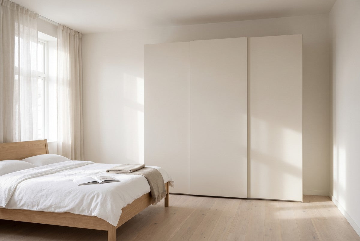 Libeccio-schuifdeurkast in Matlak · Nocciola in een lichte slaapkamer (AI-sfeerbeeld)