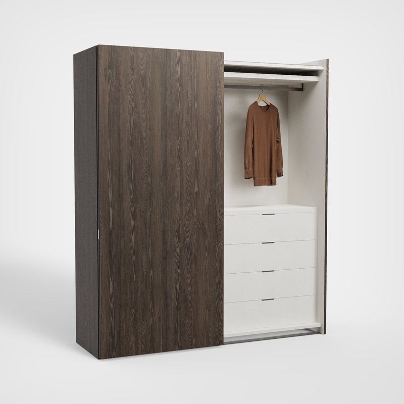 Zenith Libeccio schuifdeurkast, Rovere Fiammato duo, geopend vak met vier lades en kleding