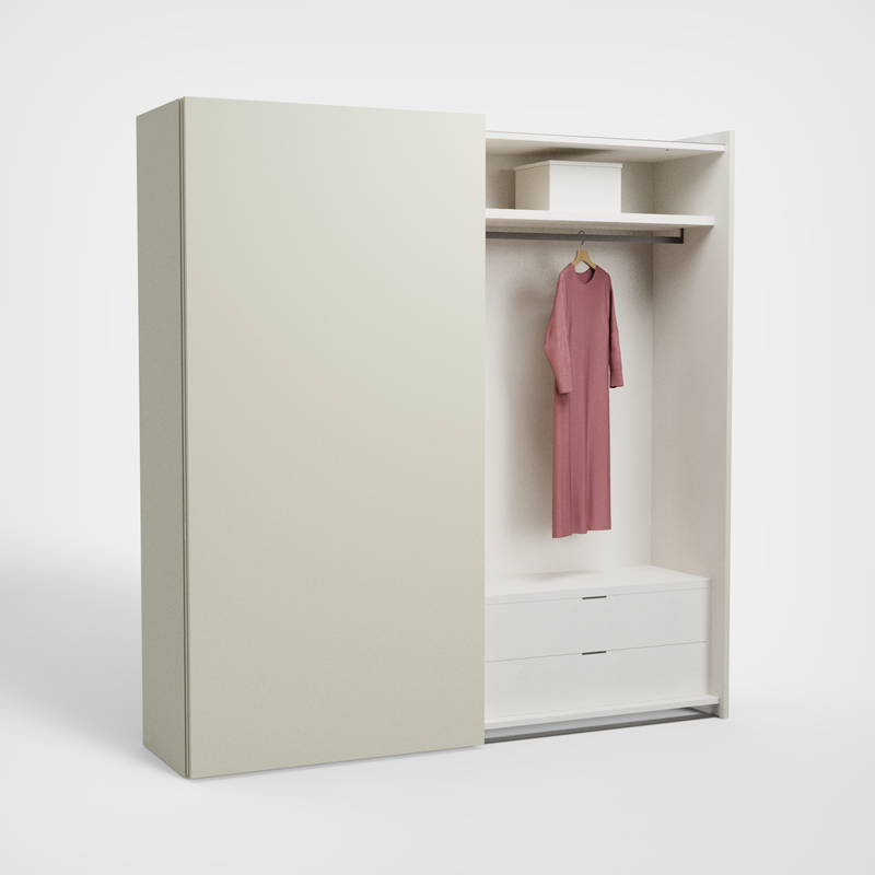 Zenith Libeccio schuifdeurkast, Tortora duo met verticale LED, geopend vak met kleding
