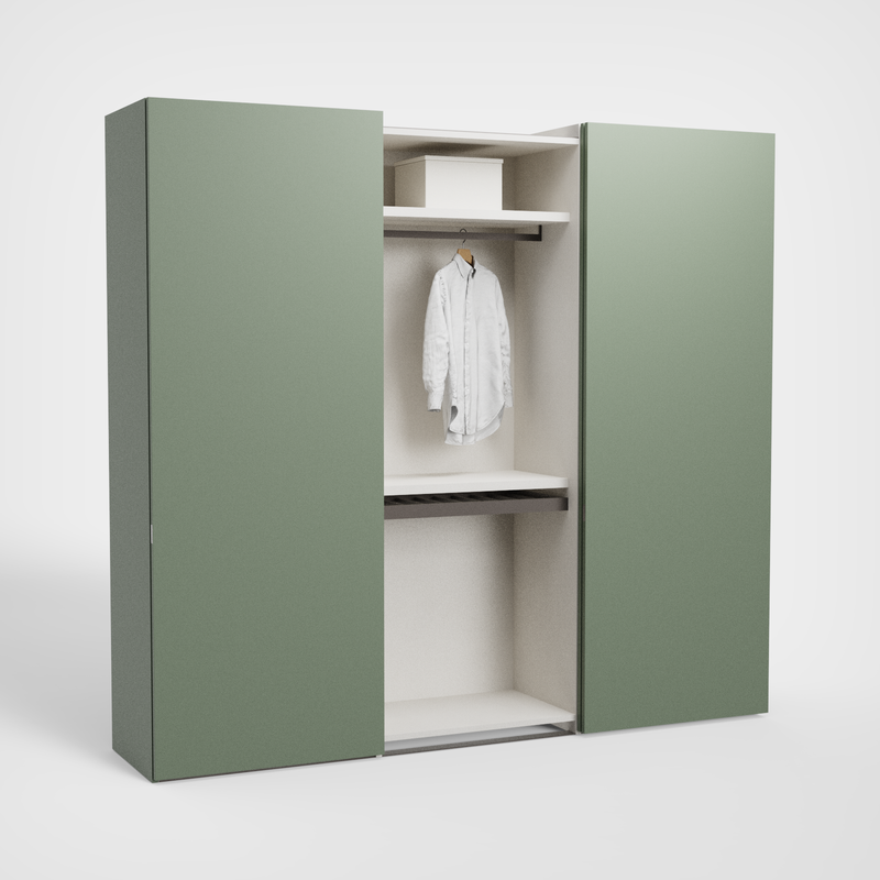 Zenith Libeccio schuifdeurkast, Muschio drieluik, geopend vak met broekenrek en kleding