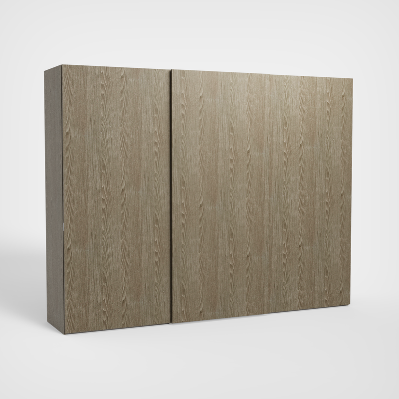 Zenith Libeccio schuifdeurkast, Rovere Yuta drieluik van 302,5 cm breed in eikenfineer, gesloten