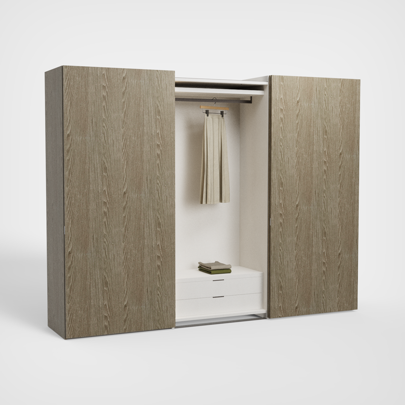 Zenith Libeccio schuifdeurkast, Rovere Yuta drieluik met verticale LED, geopend vak met lades en kleding
