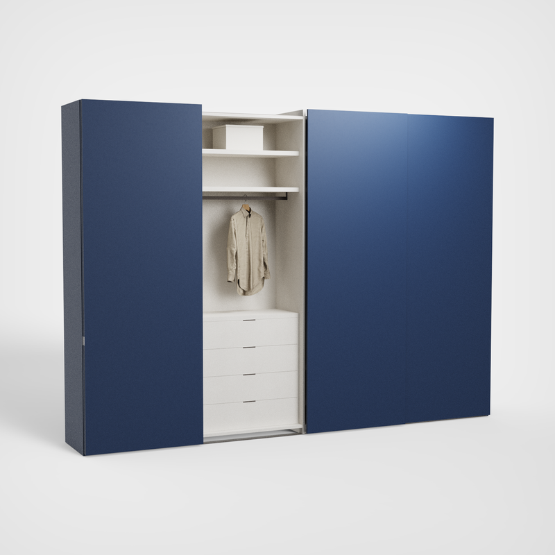 Zenith Libeccio schuifdeurkast, Blu Oltremare vierluik, geopend vak met lades en kleding