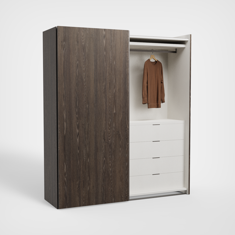BORA schuifdeurkast — Fiammato met lades — geopend interieur
