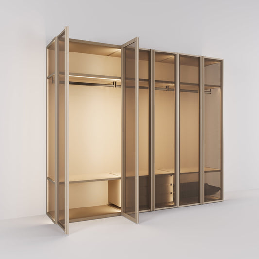 Kledingkast Antares in champagne staal met brons design glas | 303 cm breed - Matteo studio B.V.