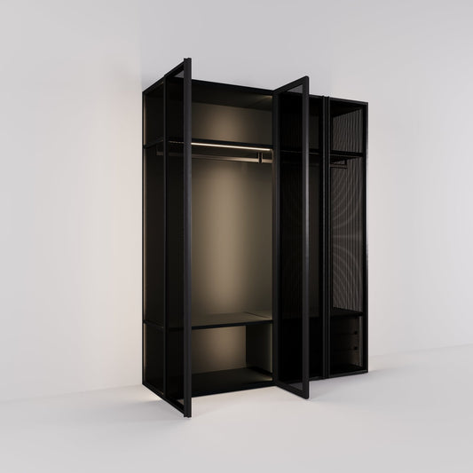 Kledingkast Antares in zwart staal met design glas | 205 cm breed - Matteo studio B.V.