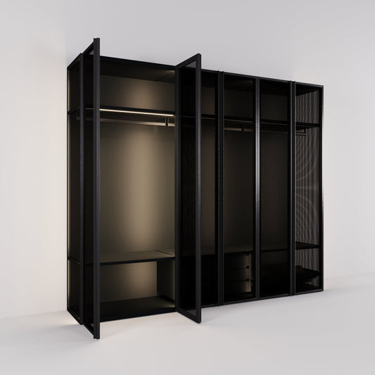 Kledingkast Antares in zwart staal met design glas | 303 cm breed - Matteo studio B.V.