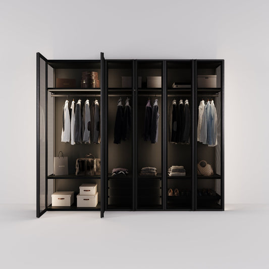 Kledingkast Antares in zwart staal met design glas | 303 cm breed - Matteo studio B.V.