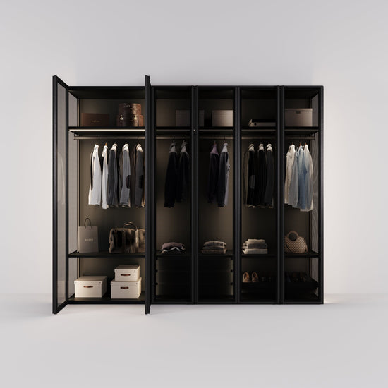 Kledingkast Antares in zwart staal met design glas | 303 cm breed - Matteo studio B.V.