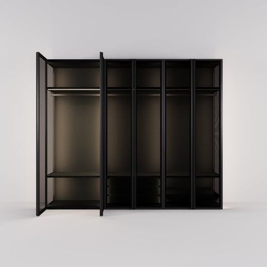 Kledingkast Antares in zwart staal met design glas | 303 cm breed - Matteo studio B.V.