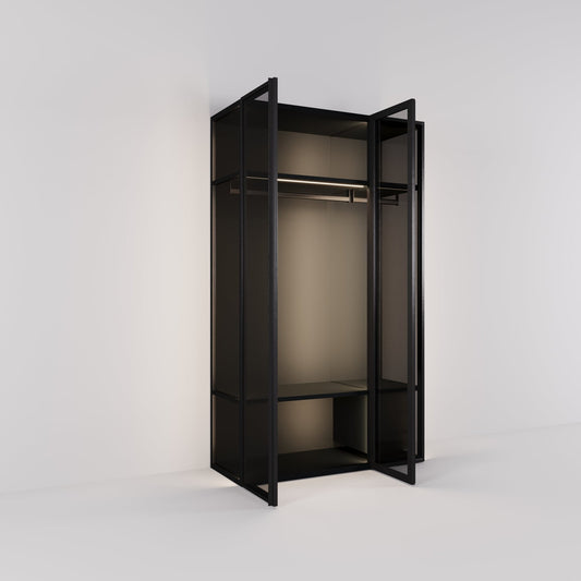 Kledingkast Antares in zwart staal met rookglas | 151 cm breed - Matteo studio B.V.