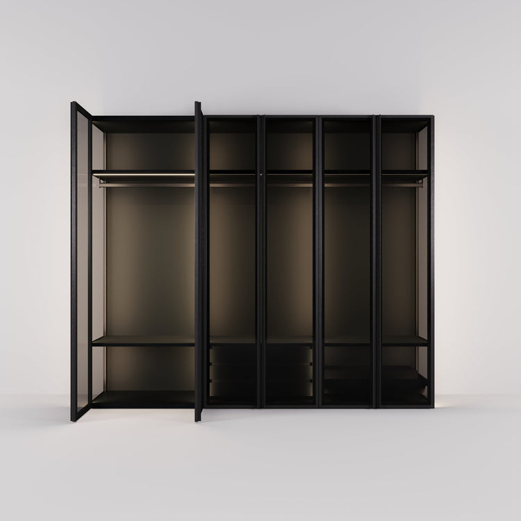 Kledingkast Antares in zwart staal met rookglas | 303 cm breed - Matteo studio B.V.