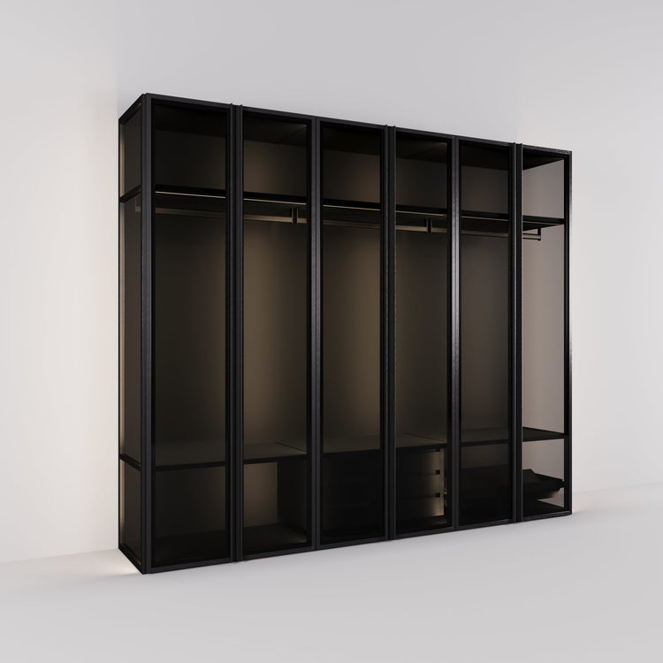 Kledingkast Antares in zwart staal met rookglas | 303 cm breed - Matteo studio B.V.