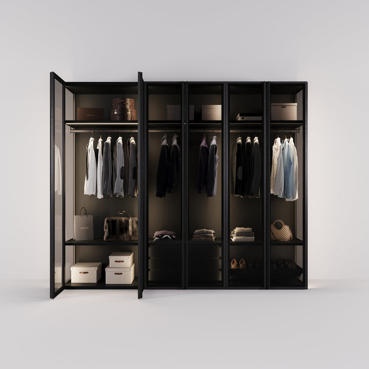 Kledingkast Antares in zwart staal met rookglas | 303 cm breed - Matteo studio B.V.