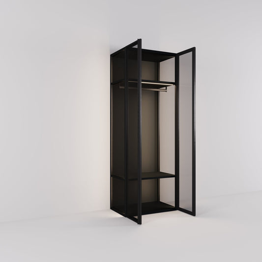 Kledingkast Antares in zwart staal met rookglas | 96 cm breed - Matteo studio B.V.