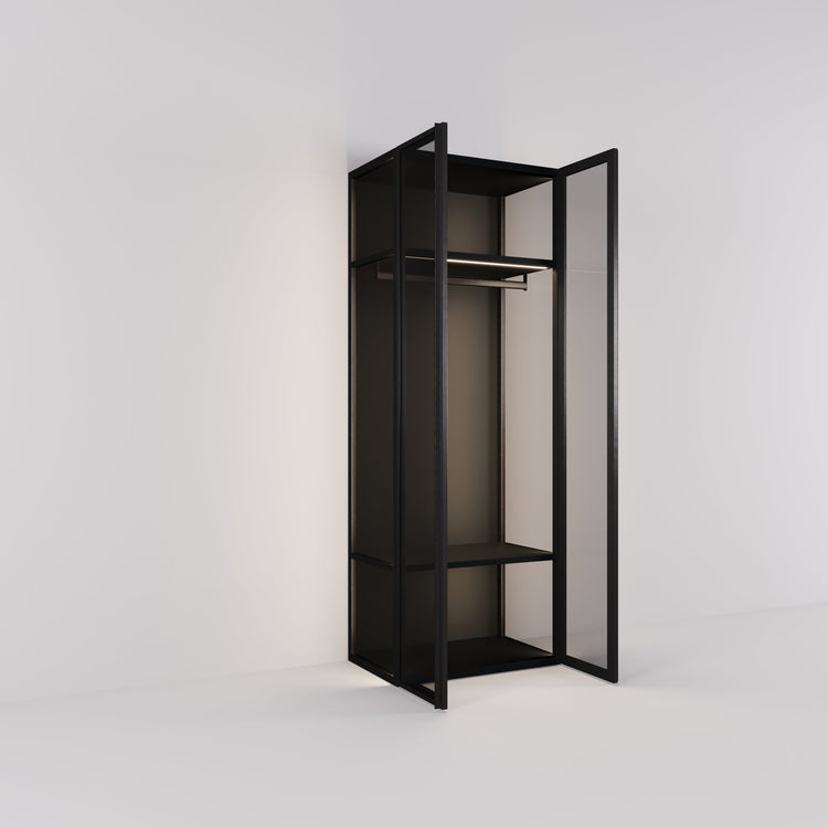 Kledingkast Antares in zwart staal met rookglas | 96 cm breed - Matteo studio B.V.