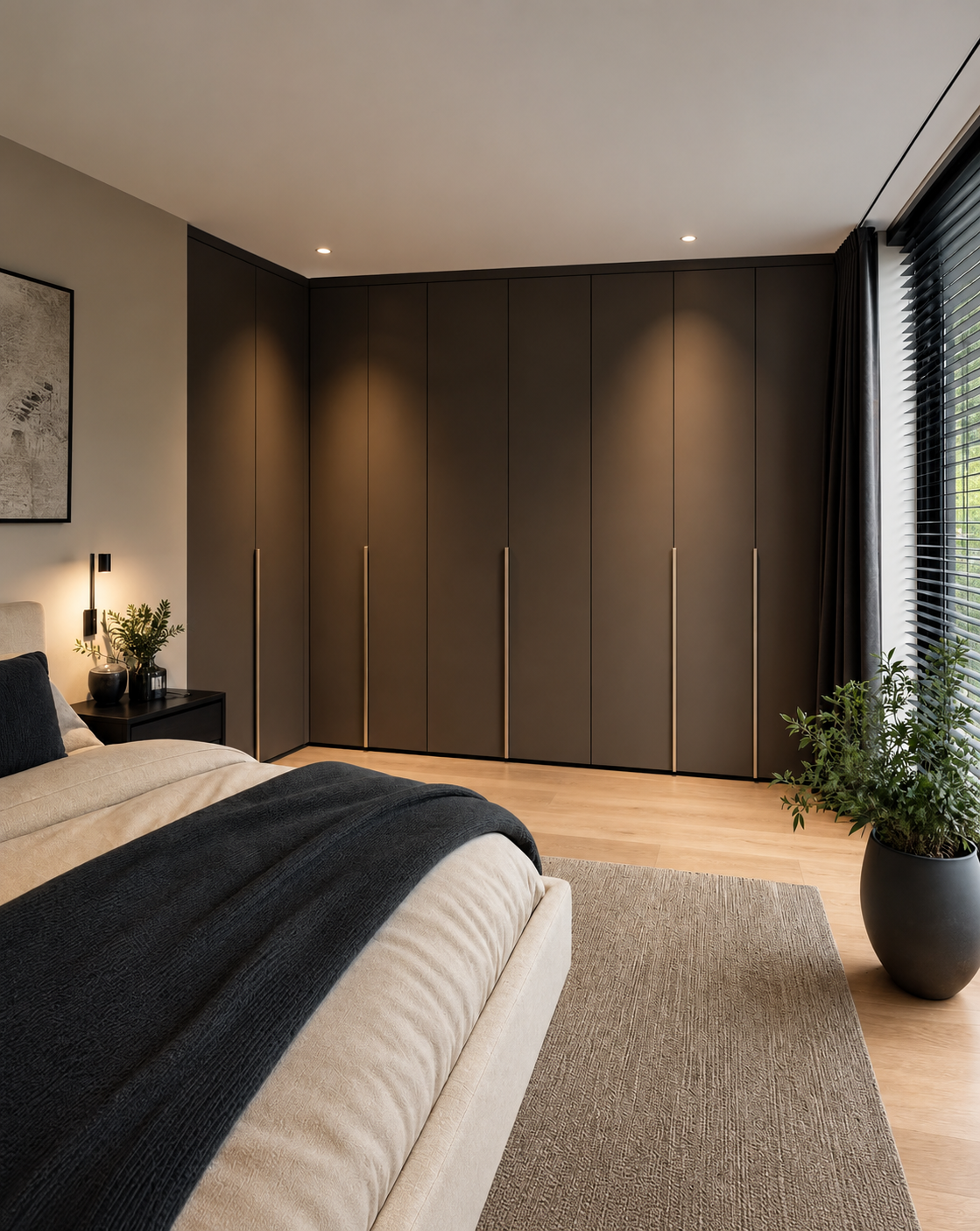 L-vormige inloopkast met gesloten deuren in de slaapkamer