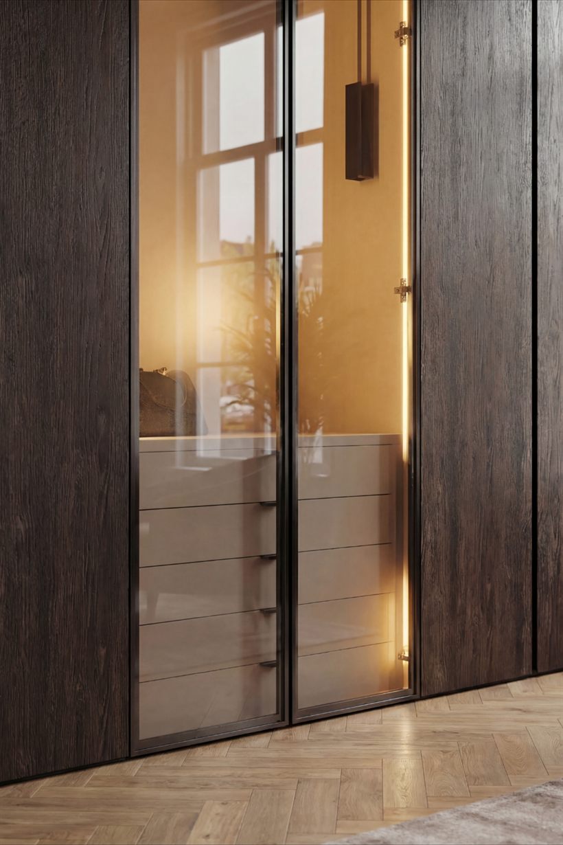 Walnoot kastwand met rookglasdeur, lades en warme LED-verlichting
