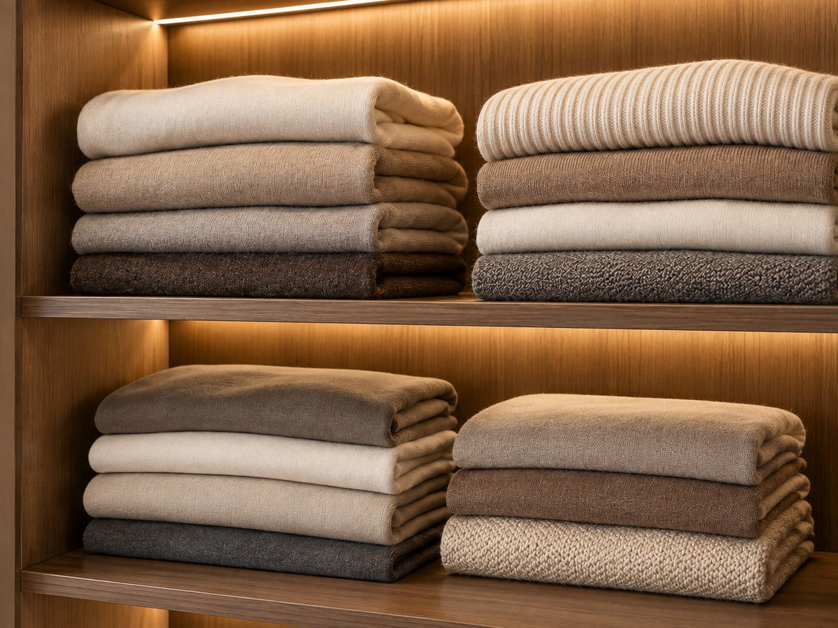 Close-up van houten kastplanken met netjes opgevouwen kleding in rustige neutrale kleuren en warme geïntegreerde verlichting.