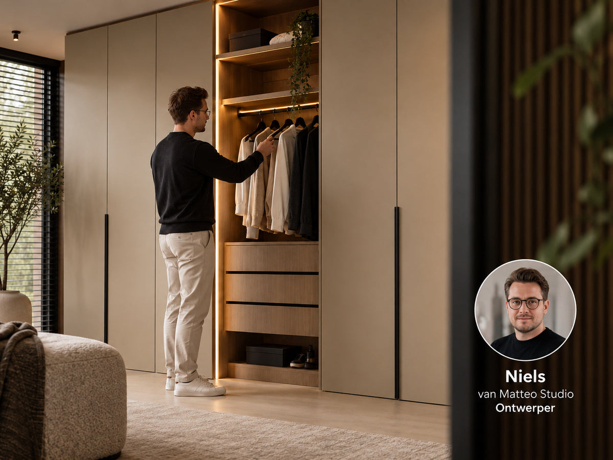 Sfeerbeeld van een kledingkast met deuren tot de vloer, houten lades en warme verlichting, met het portret en de naam Niels van Matteo Studio — ontwerper.