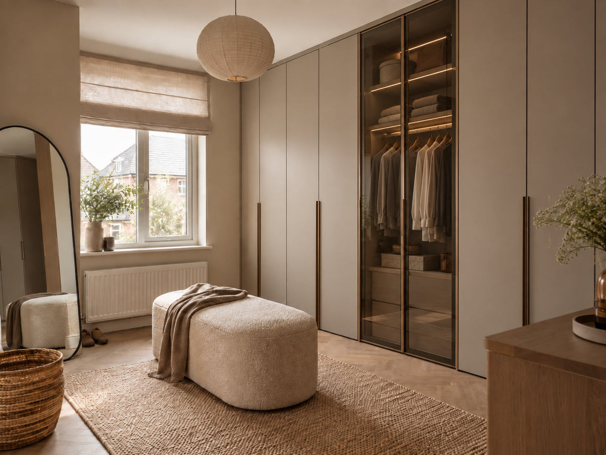 Sfeerbeeld van een extra kamer ingericht als inloopkast, met gesloten kastfronten, bronzen glazen deuren, warme verlichting, een grote spiegel en een lichte poef.