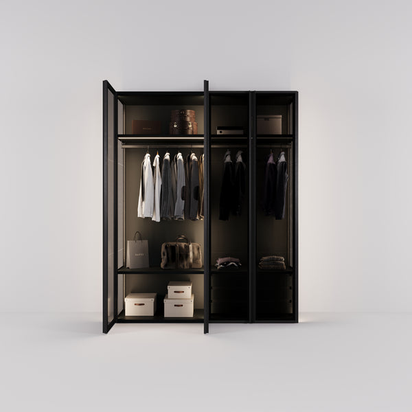 Kledingkast Antares in zwart staal met design glas | 205 cm breed