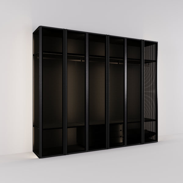 Kledingkast Antares in zwart staal met design glas | 303 cm breed
