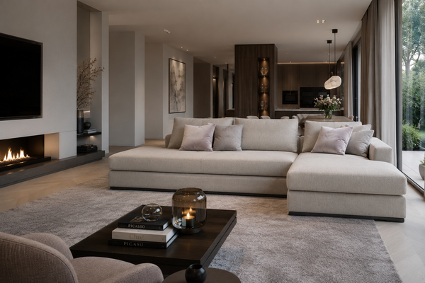 Bijoux 2.0 sectional in luxe woonkamer met haard