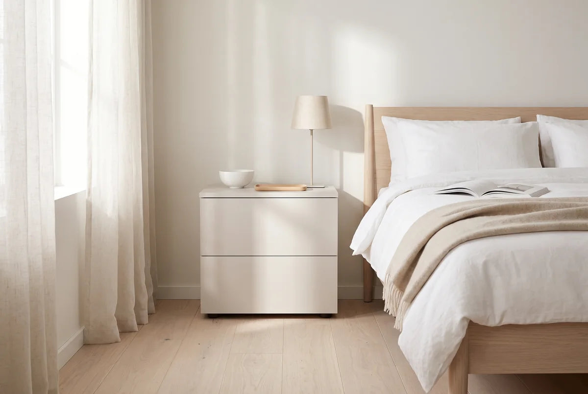 Argo nachtkastje smal met 2 laden naast een bed in een lichte, warme slaapkamer (AI-sfeerbeeld)
