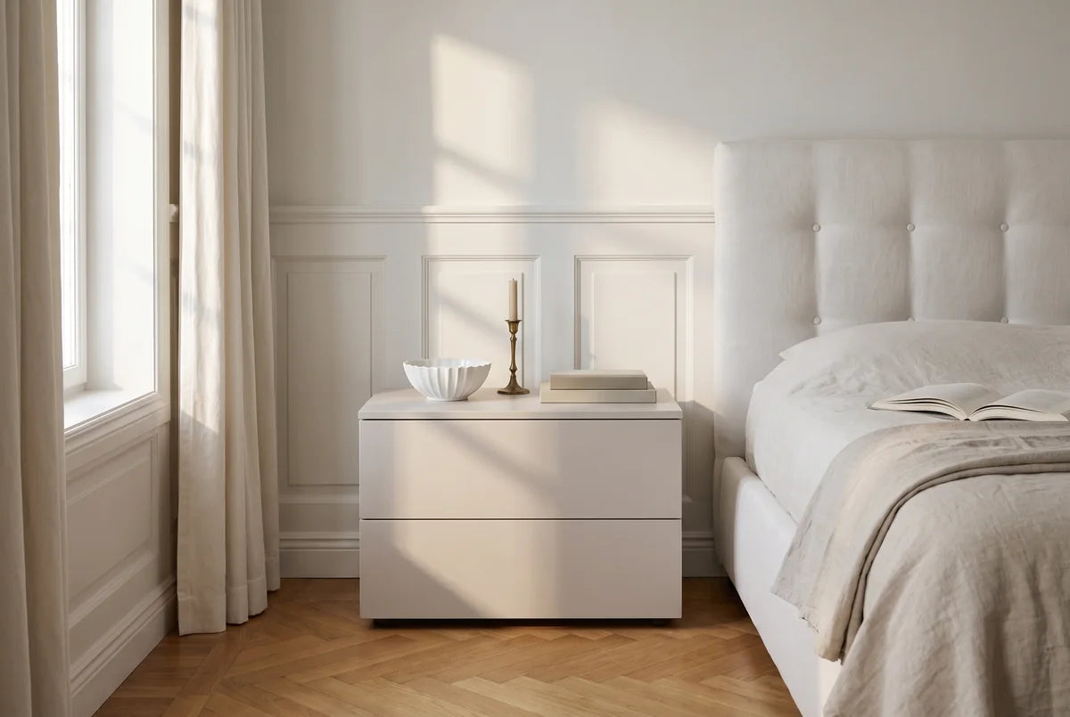 Argo nachtkastje breed met 2 laden naast een bed in een lichte, warme slaapkamer (AI-sfeerbeeld)