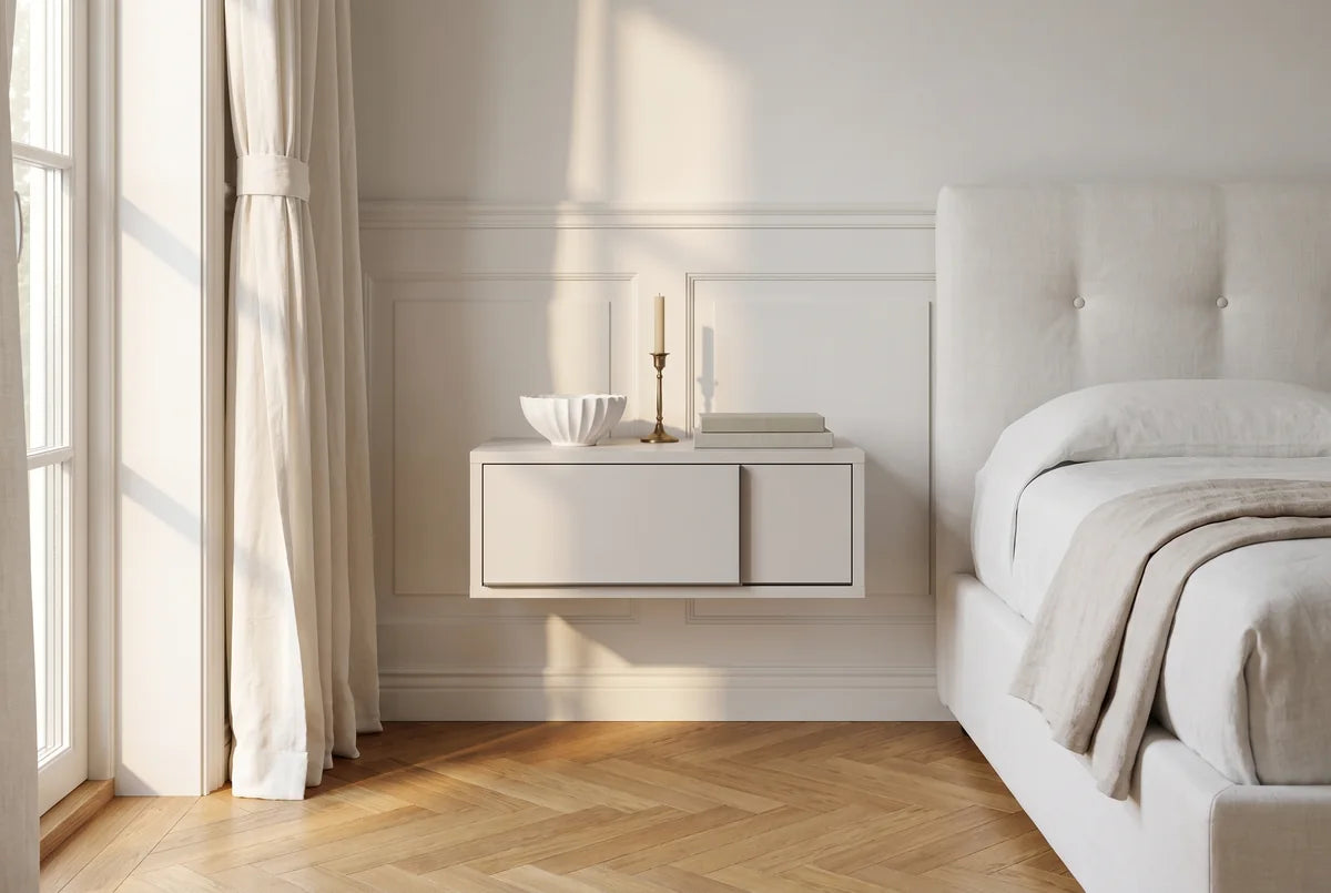 Profile nachtkastje zwevend met 1 lade, strip rechts naast een bed in een lichte, warme slaapkamer (AI-sfeerbeeld)