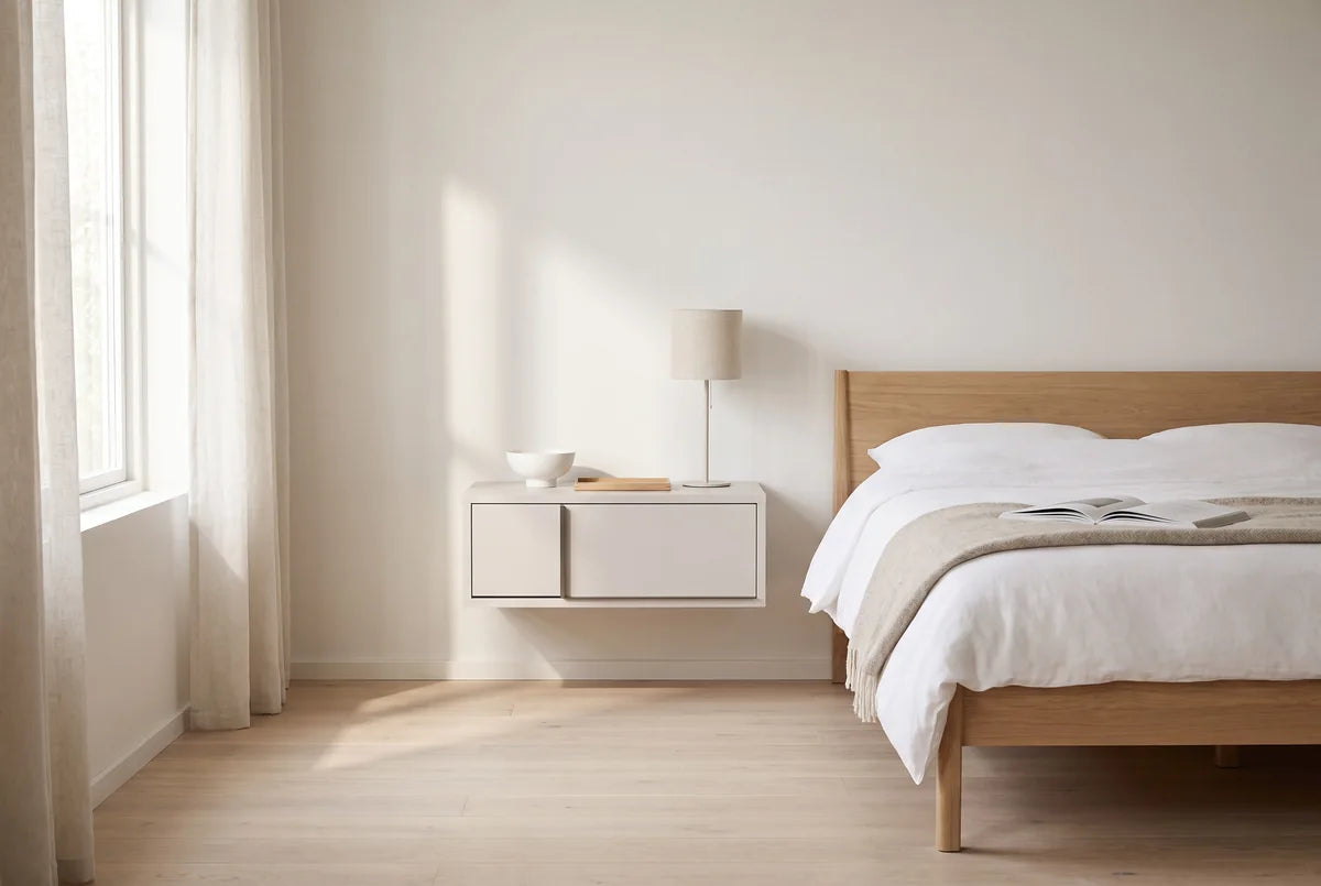 Profile nachtkastje zwevend met 1 lade, strip links naast een bed in een lichte, warme slaapkamer (AI-sfeerbeeld)