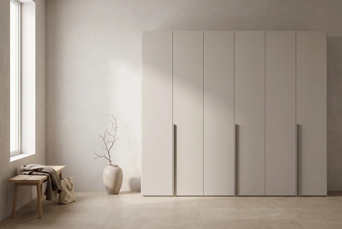 Libeccio-kledingkast in Melamine · Perla in een lichte hal (AI-sfeerbeeld)