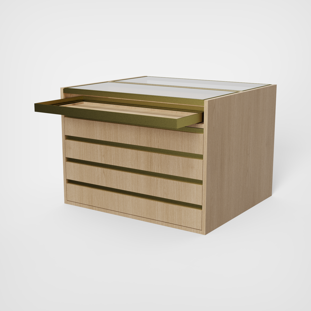 Dezelfde dubbelzijdige Isola in Rovere Miele met een uitgeschoven houten vassoio.
