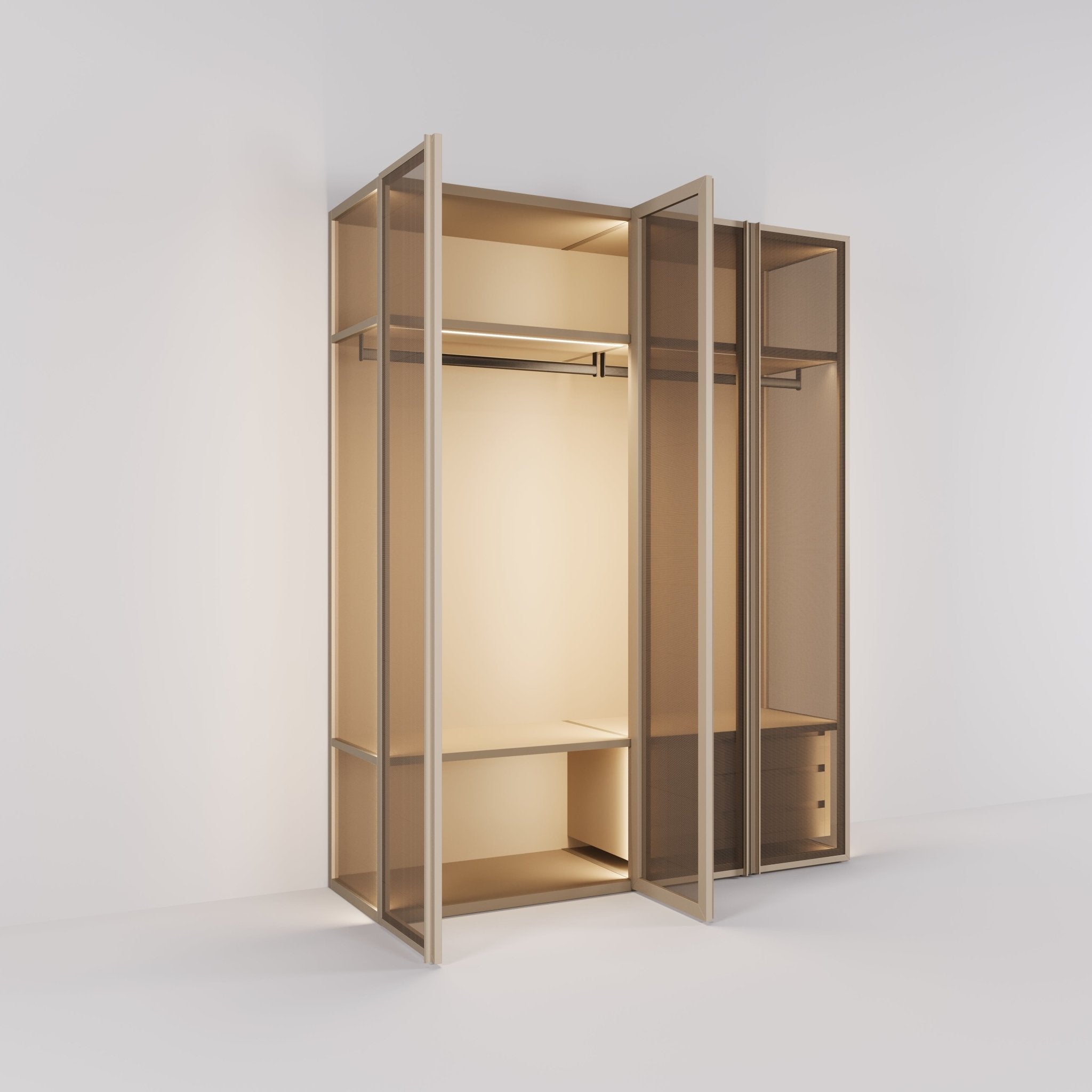Kledingkast Antares in champagne staal met brons design glas | 205 cm breed - Matteo studio B.V.