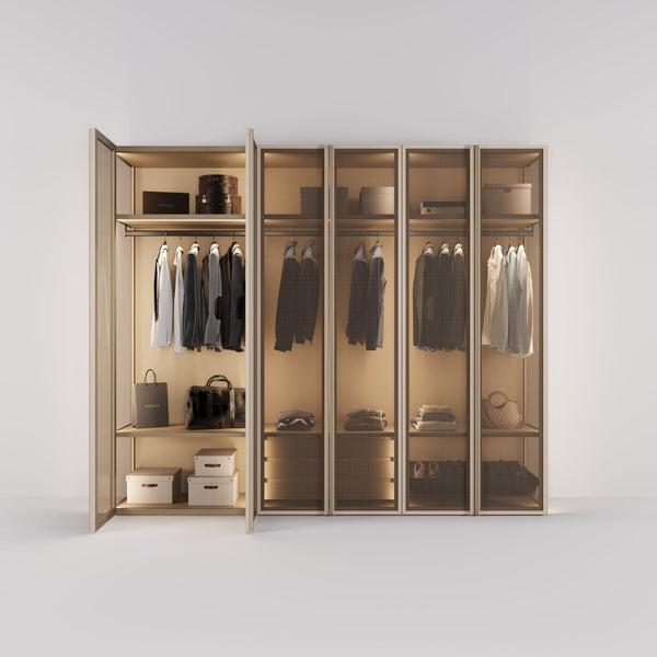 Kledingkast Antares in champagne staal met brons design glas | 303 cm breed - Matteo studio B.V.