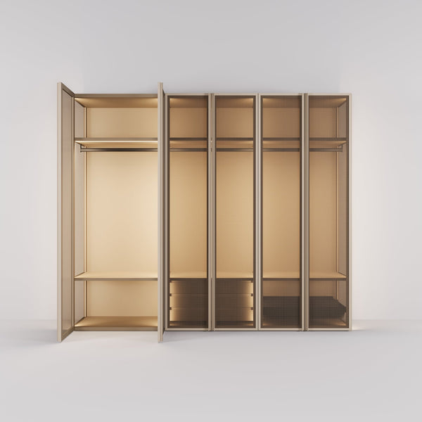 Kledingkast Antares in champagne staal met brons design glas | 303 cm breed - Matteo studio B.V.