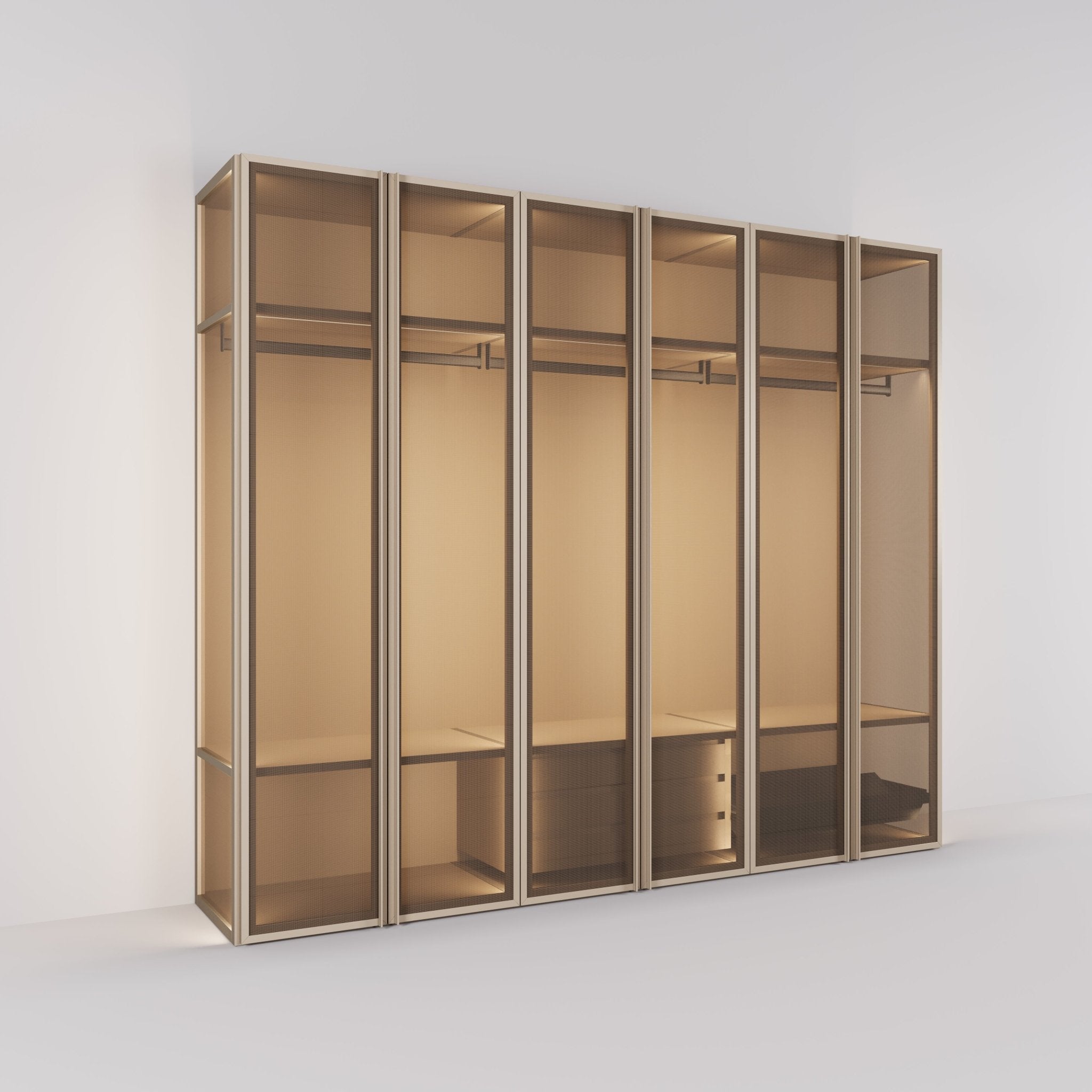 Kledingkast Antares in champagne staal met brons design glas | 303 cm breed - Matteo studio B.V.