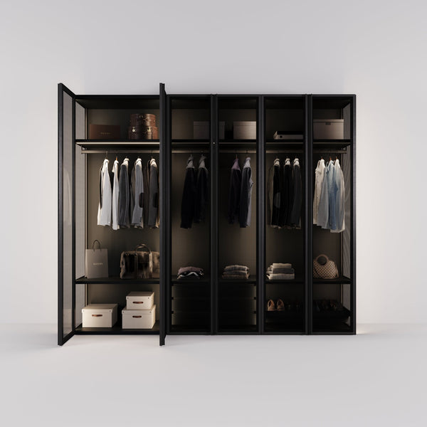 Kledingkast Antares in zwart staal met design glas | 303 cm breed - Matteo studio B.V.