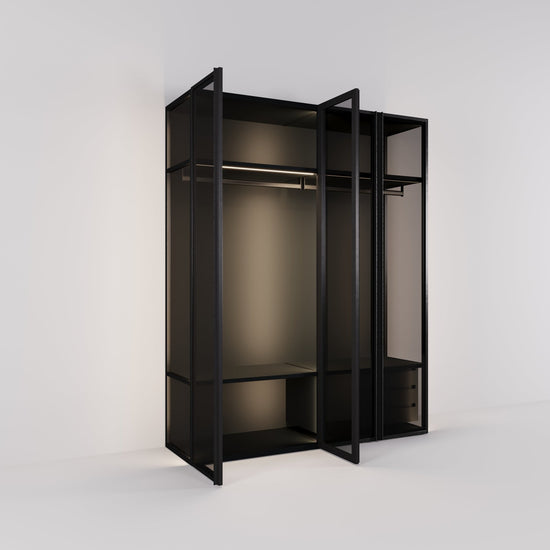 Kledingkast Antares in zwart staal met rookglas | 205 cm breed - Matteo studio B.V.