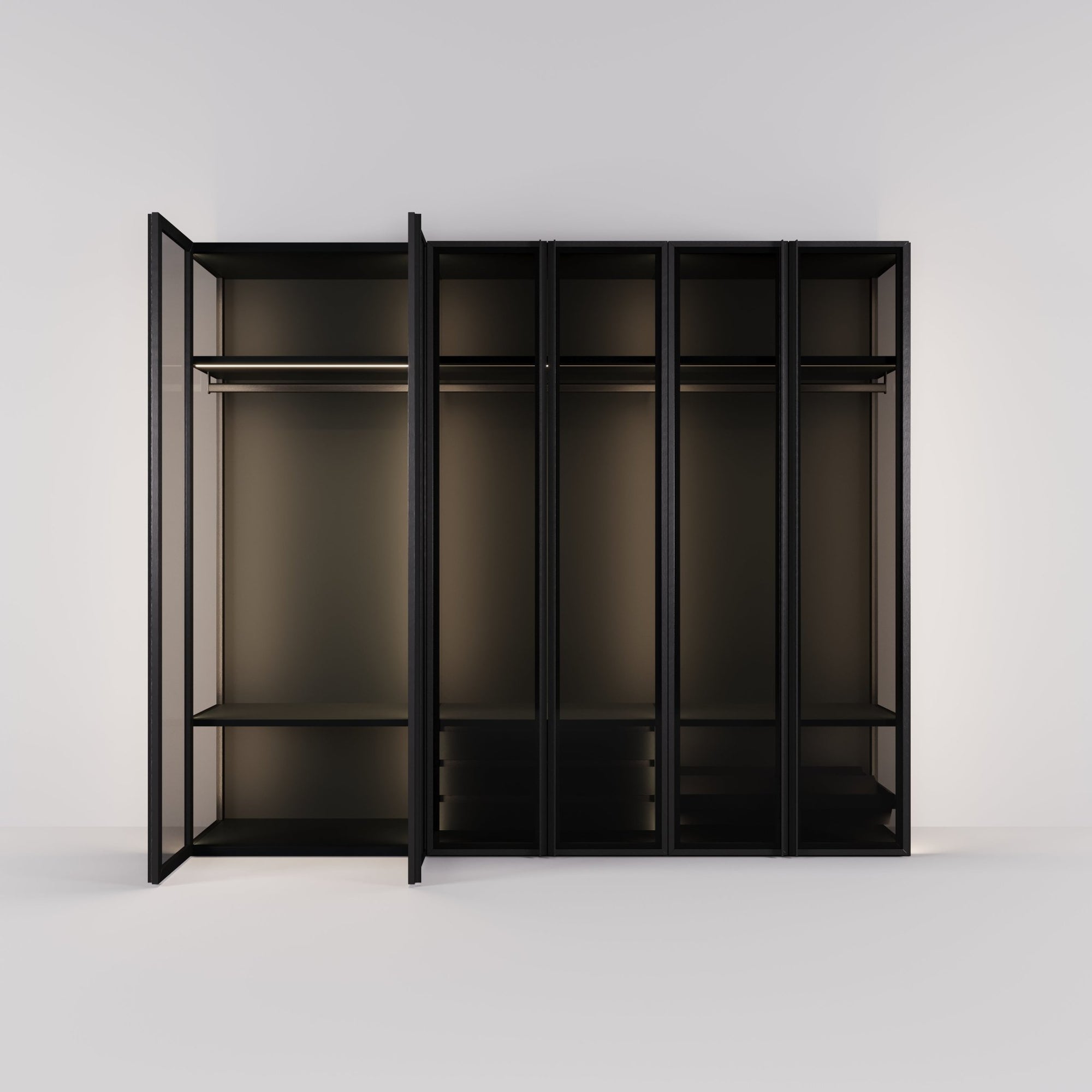 Kledingkast Antares in zwart staal met rookglas | 303 cm breed - Matteo studio B.V.