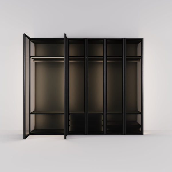 Kledingkast Antares in zwart staal met rookglas | 303 cm breed - Matteo studio B.V.