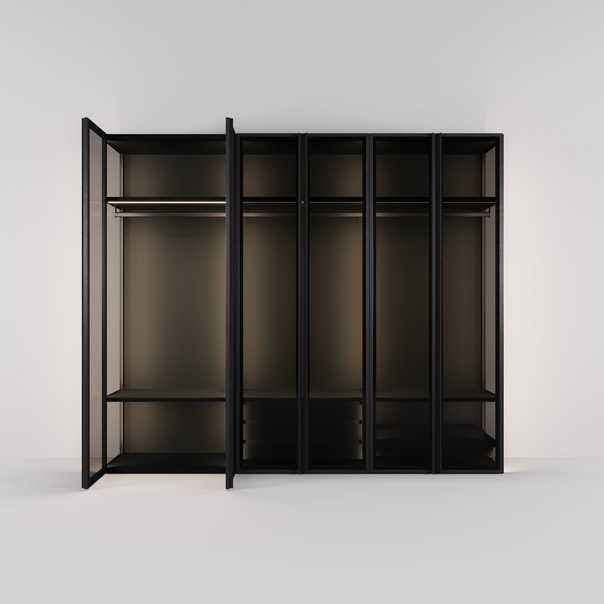 Kledingkast Antares in zwart staal met rookglas | 303 cm breed - Matteo studio B.V.