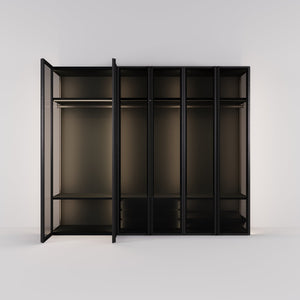 Kledingkast Antares in zwart staal met rookglas | 303 cm breed - Matteo studio B.V.