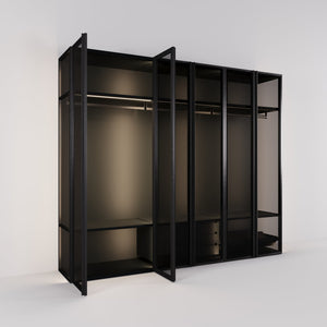 Kledingkast Antares in zwart staal met rookglas | 303 cm breed - Matteo studio B.V.
